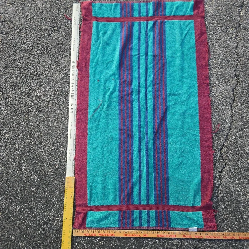 VTG JCPenney Beach Towel Teal Burgundy Striped Pima Cotton Thrashed Distress USA